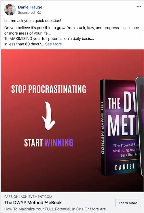 Example of a Facebook lead ad campaign promoting an ebook.