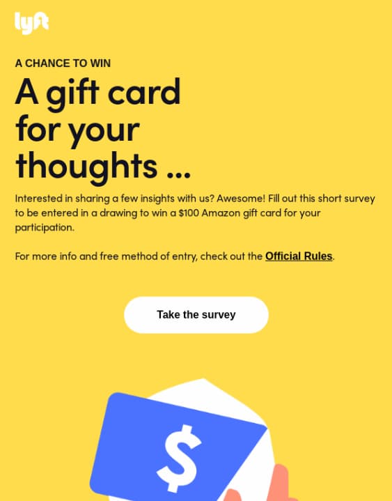 Lift survey email offering a $100 Amazon gift card for filling out a survey