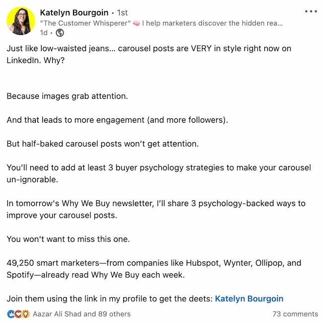 How Katelyn Bourgoin promotes her newsletter through a LinkedIn post