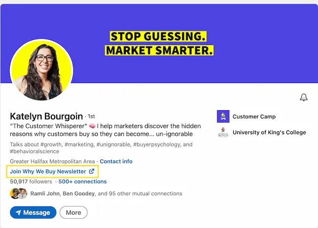 View of Katelyn Bourgoin's profile where she links out to her newsletter page