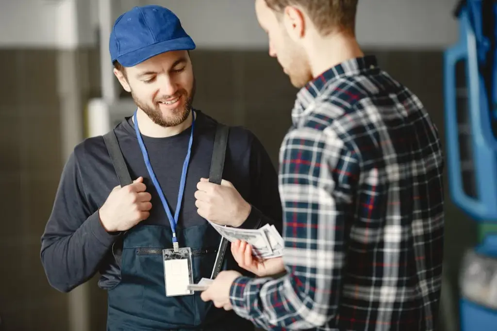 Two men stand facing each other; one in a blue cap and overalls with a lanyard, smiling, while the other, dressed in a plaid shirt, holds and shows photographs or documents to him.