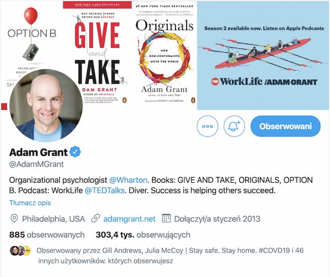 Adam Grant's Twitter profile where promotes his work