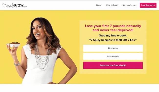 Landing page with a short opt-in form from Masala Body.