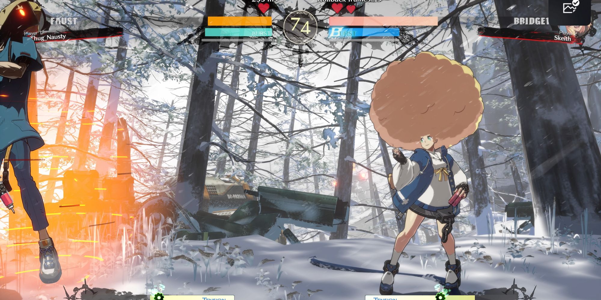 Screenshot of Faust fighting Bridget in Guilty Gear -Strive-, Bridget has been hit by Faust's afro attack