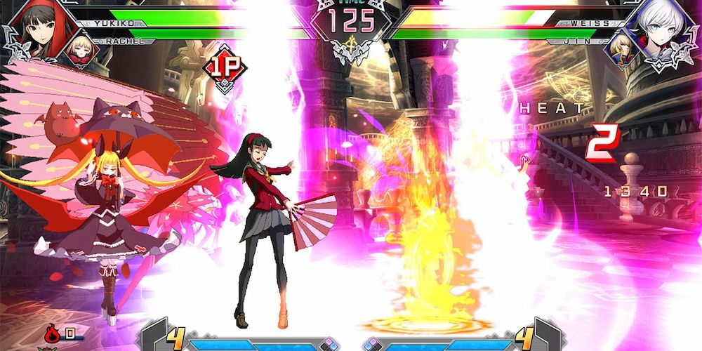 Screenshot of Yukiko and Rachael Alucard fighting in Blabzlue Cross Tag Battle