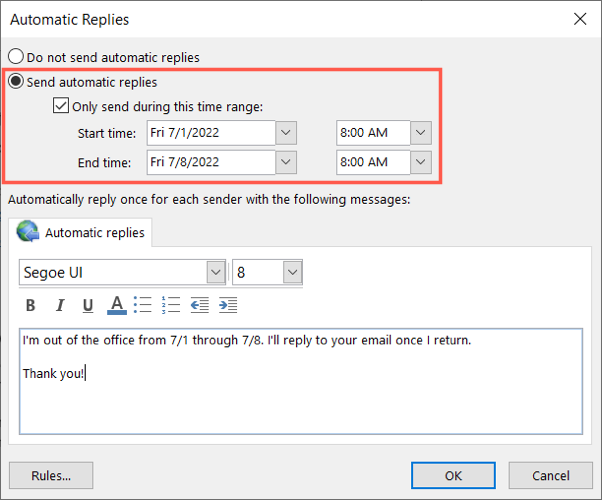 Setting up automatic replies during out of office days in Outlook.