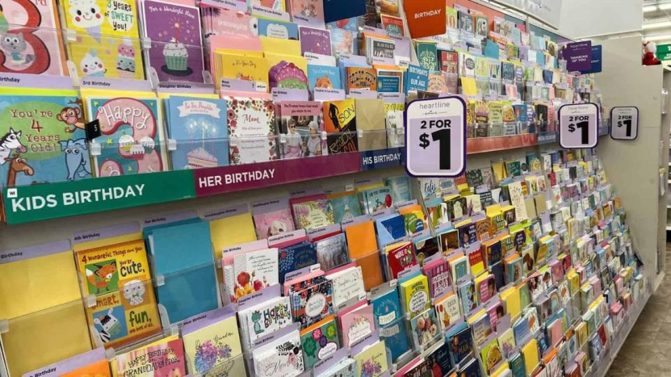 Greeting cards on display for $1 at the Dollar Store