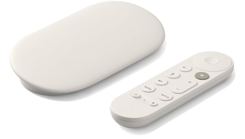 White 4K Google TV Streamer with remote controller