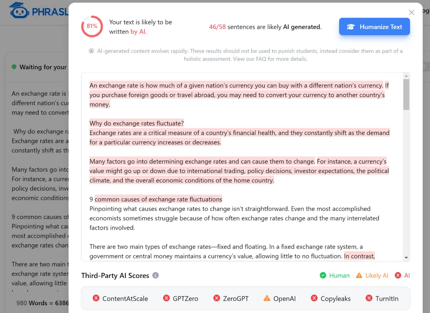 Phrasly identifying our human-written content as 81% AI-generated.