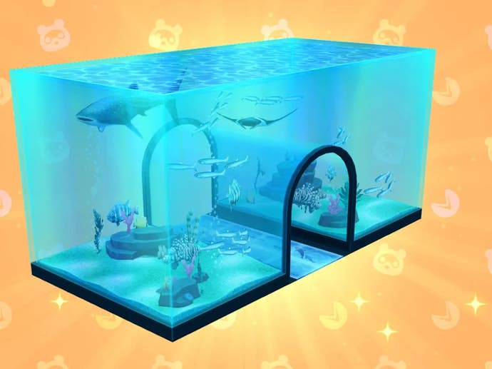 Cropped screenshot of Animal Crossing Pocket Camp item acquisition screen featuring a rare item: the tunnel aquarium tank