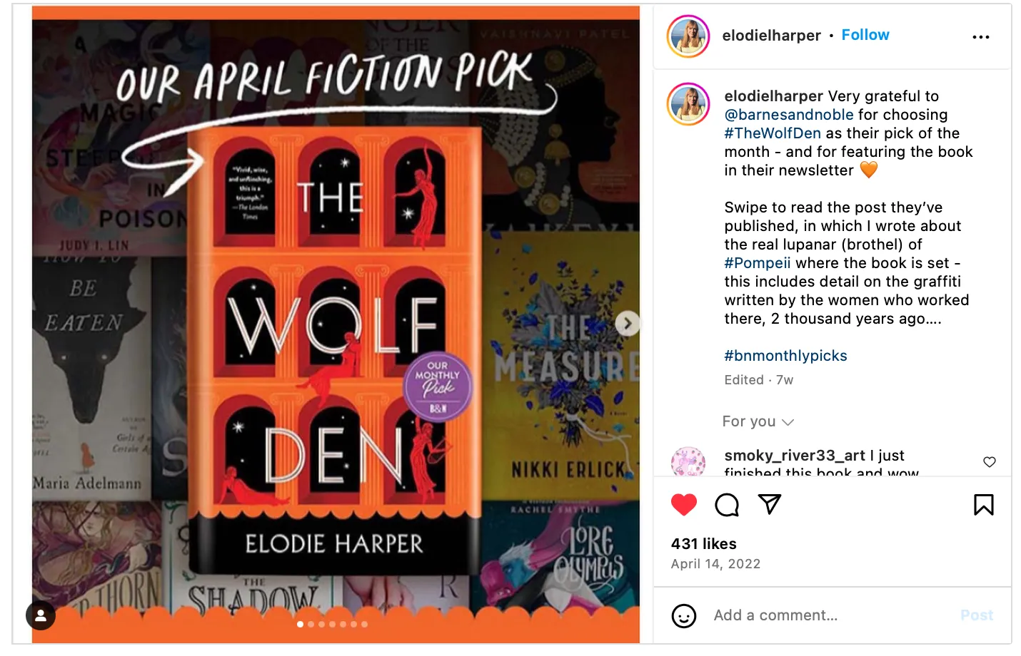 Elodie Harper Instagram post advocating for email list growth through newsletter feature.