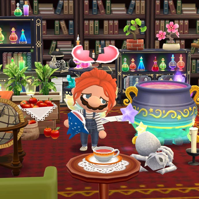 Screenshot of Animal Crossing Pocket Camp player character doing the heartbroken pose in a magical library. The character is a white woman with red hair, holding a plush whale shark.