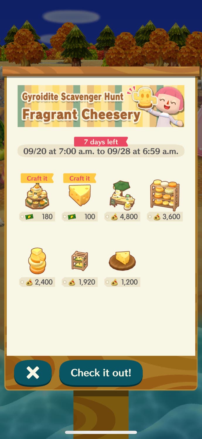 Screenshot of Animal Crossing Pocket Camp summary of event rewards. This specific event gives Fragrant Cheesery themed items.