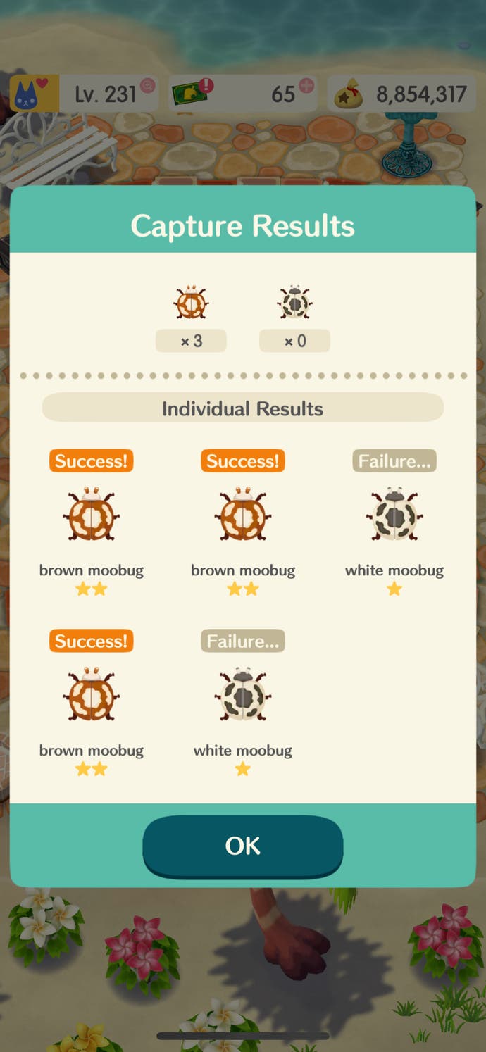 Screenshot of the results of an Animal Crossing Pocket Camp insect-catching minigame.