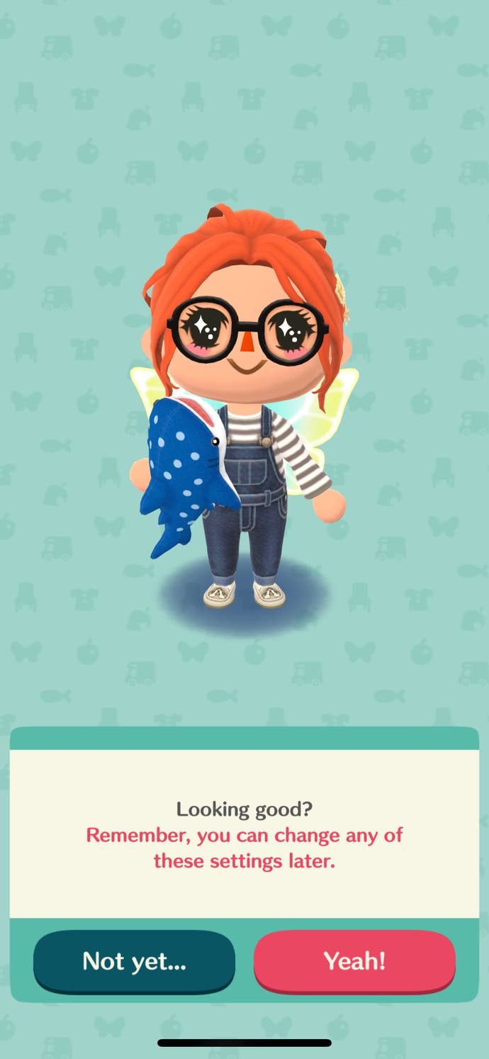 Screenshot of Animal Crossing Pocket Camp character customisation screen. The character is a red-haired white woman in a striped long-sleeved tee, denim dungarees and fairy wings. She is carrying a plush whale shark under one arm.