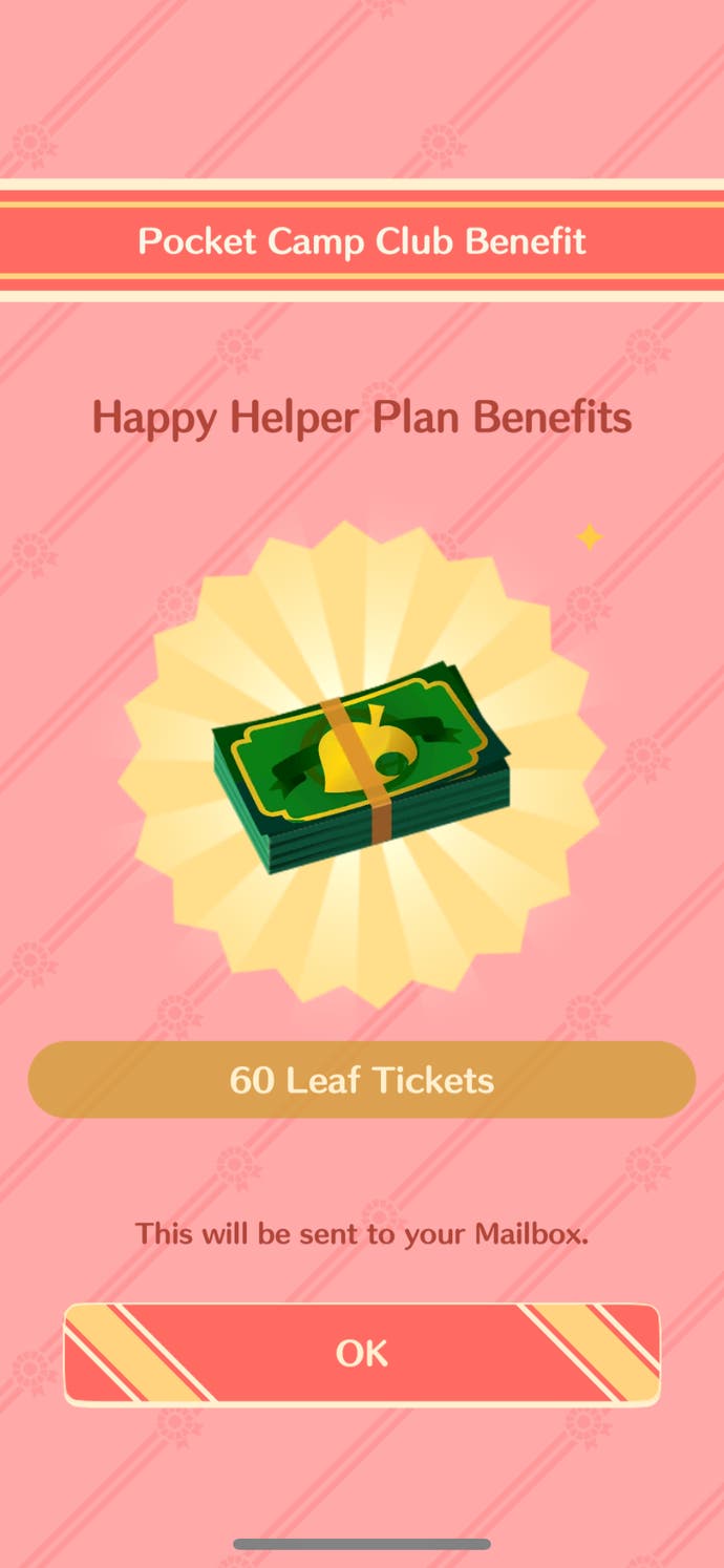 Screenshot of Animal Crossing Pocket Camp's Happy Helper plan leaf ticket benefit screen.