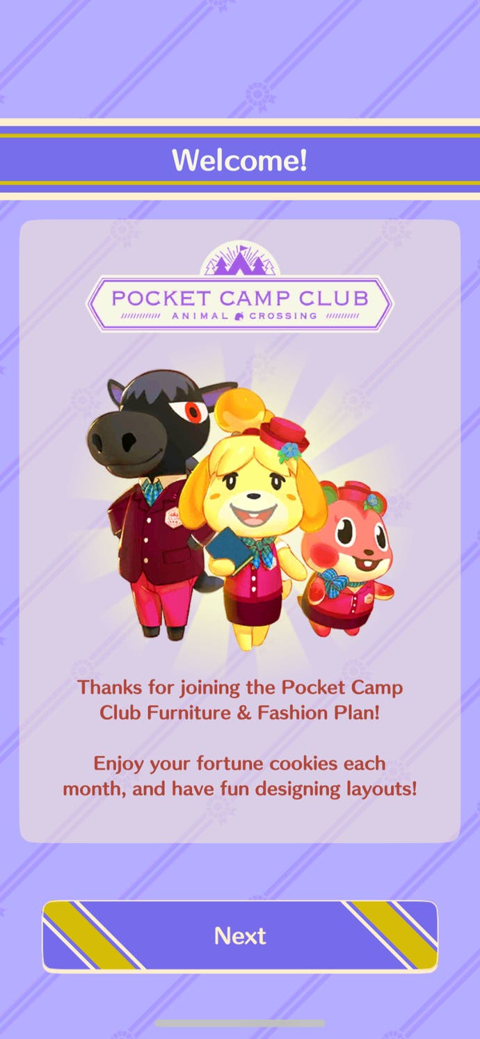 Screenshot of Animal Crossing Pocket Camp's welcome screen for one of its paid subscription plans. The featured animals are all in realtor costumes.