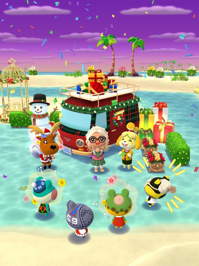 Screenshot of Animal Crossing Pocket Camp scene with the player character and all of their current animal visitors gathered round a festive camper van.