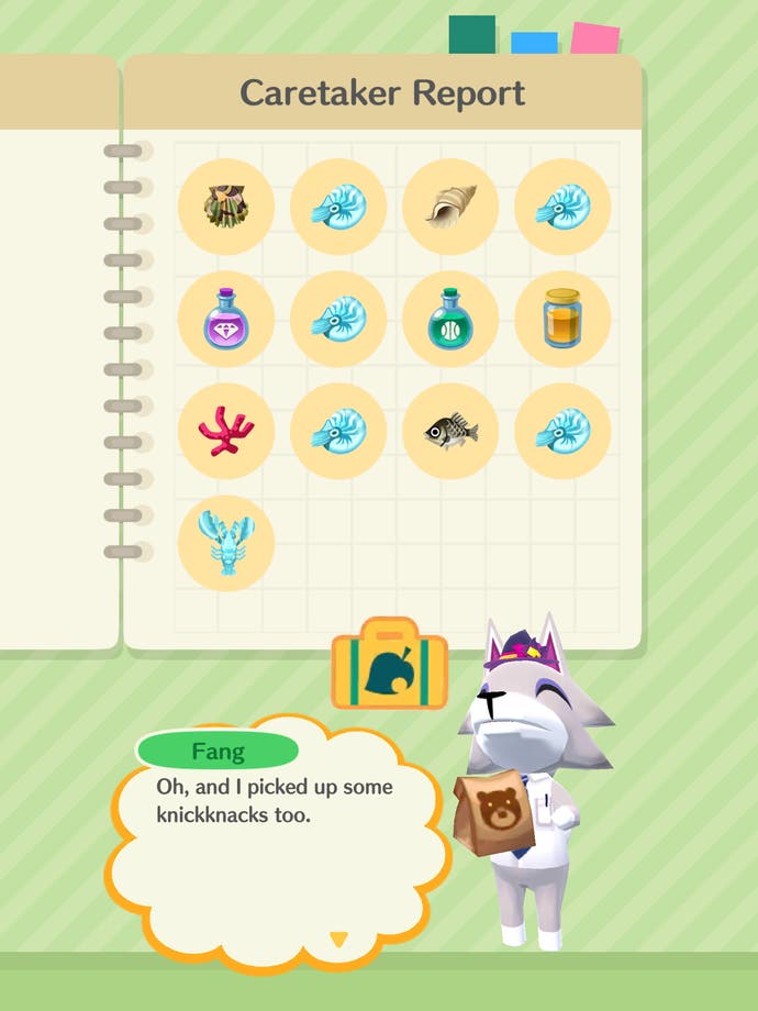 Screenshot of Animal Crossing Pocket Camp's Caretaker Report screen. Fang (a wolf) has collected a lot of items in the player's absence.