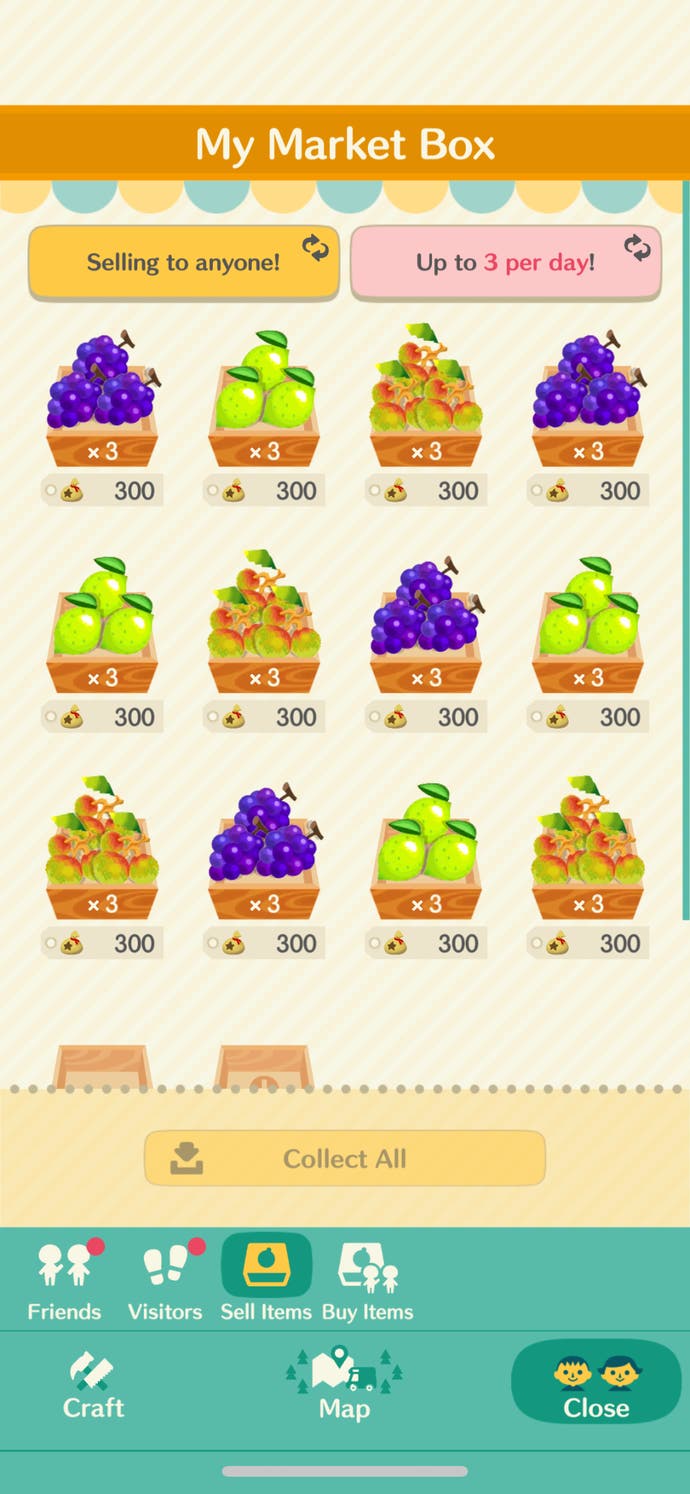 Screenshot of an Animal Crossing Pocket Camp market box, showing neatly arranged fruits for sale.