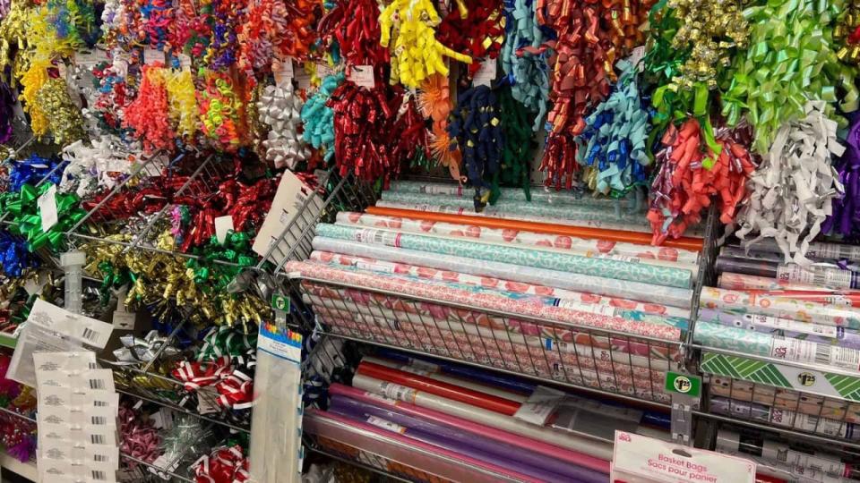 Wrapping paper, ribbon, and bows in sale display