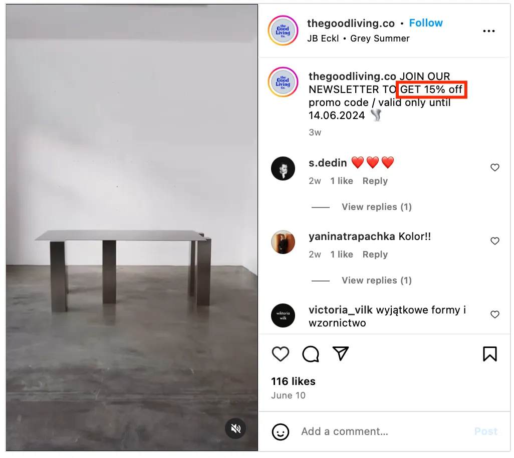 Thegoodliving.co Instagram post offering 15% off for joining newsletter to grow email list with Instagram.
