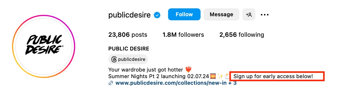 Public Desire Instagram profile bio showing call to action for early access to grow email list with Instagram.