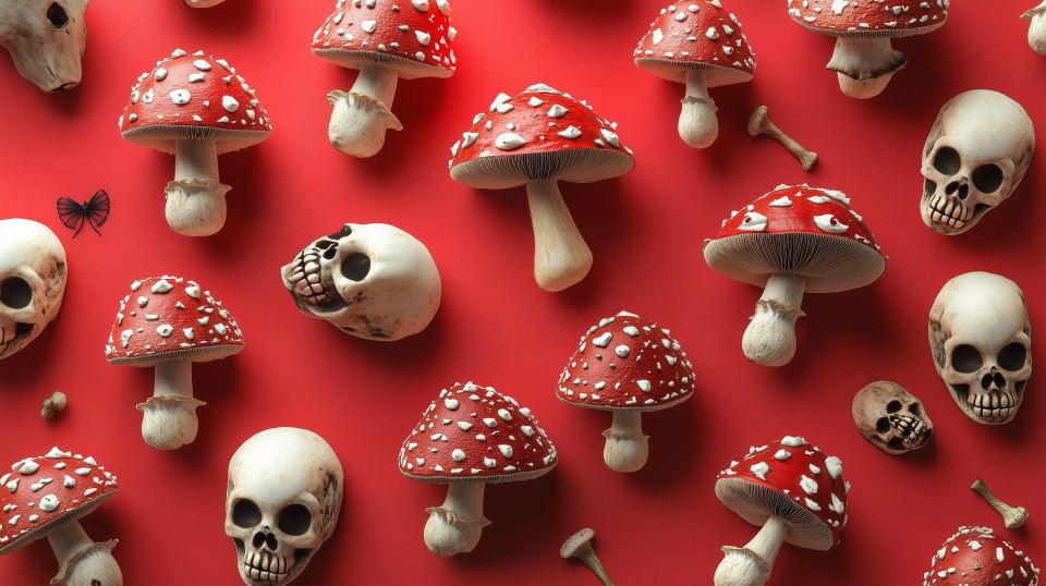  An AI-generated photo of poison mushrooms with skull and bones pattern