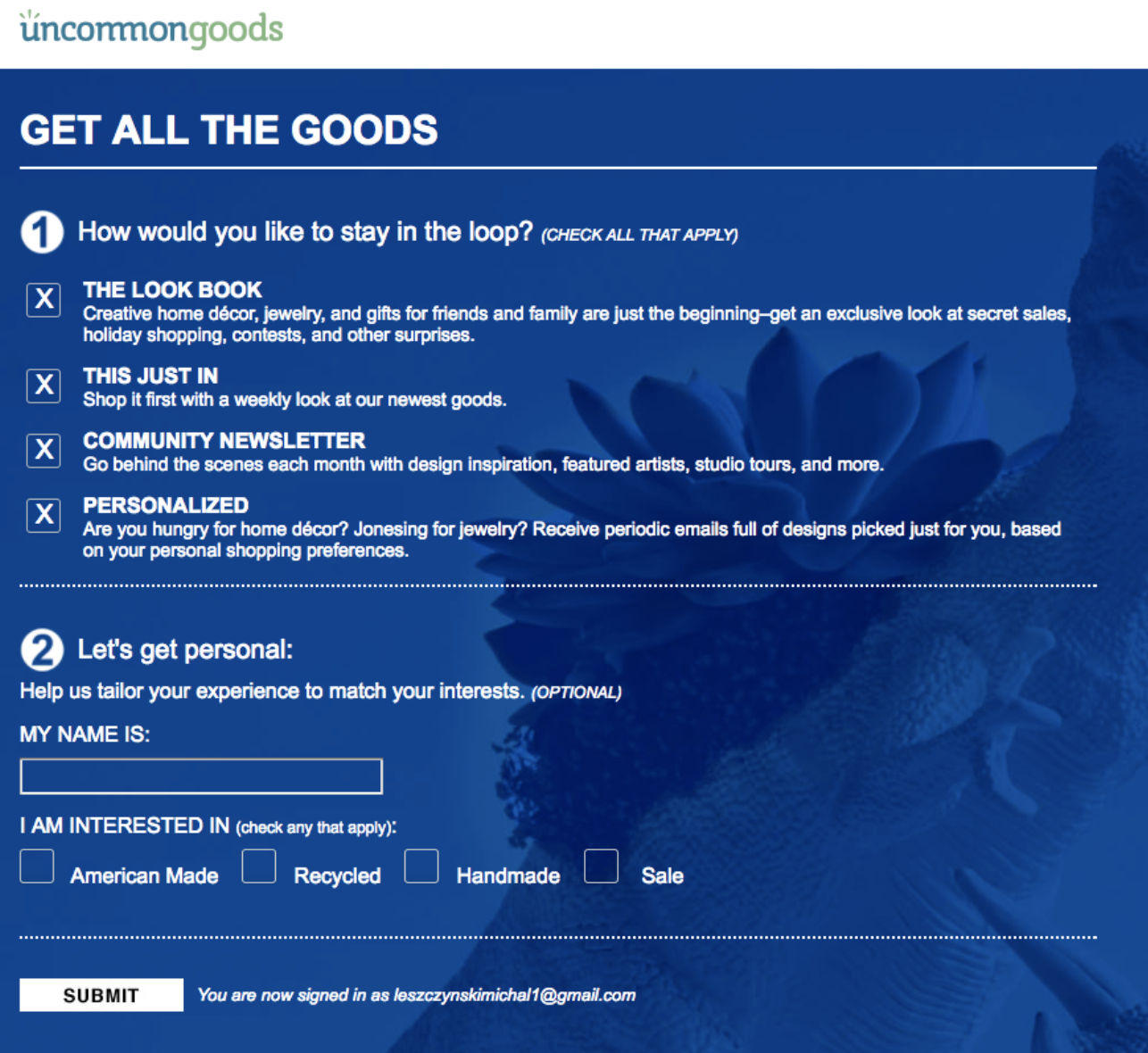 Example of an email preference center by Uncommon Goods