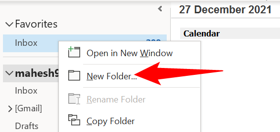 Creating a new folder in Microsoft Outlook.