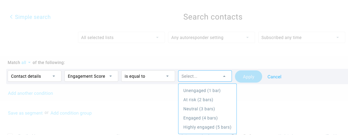 How to find contacts based on their engagement score in GetResponse.