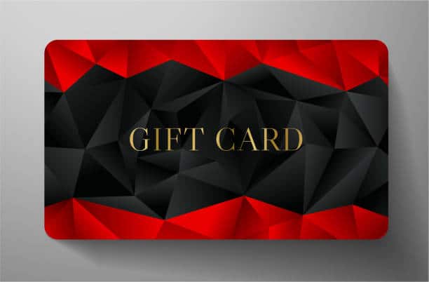 Gift card with a geometric pattern of black and red polygons and the words 