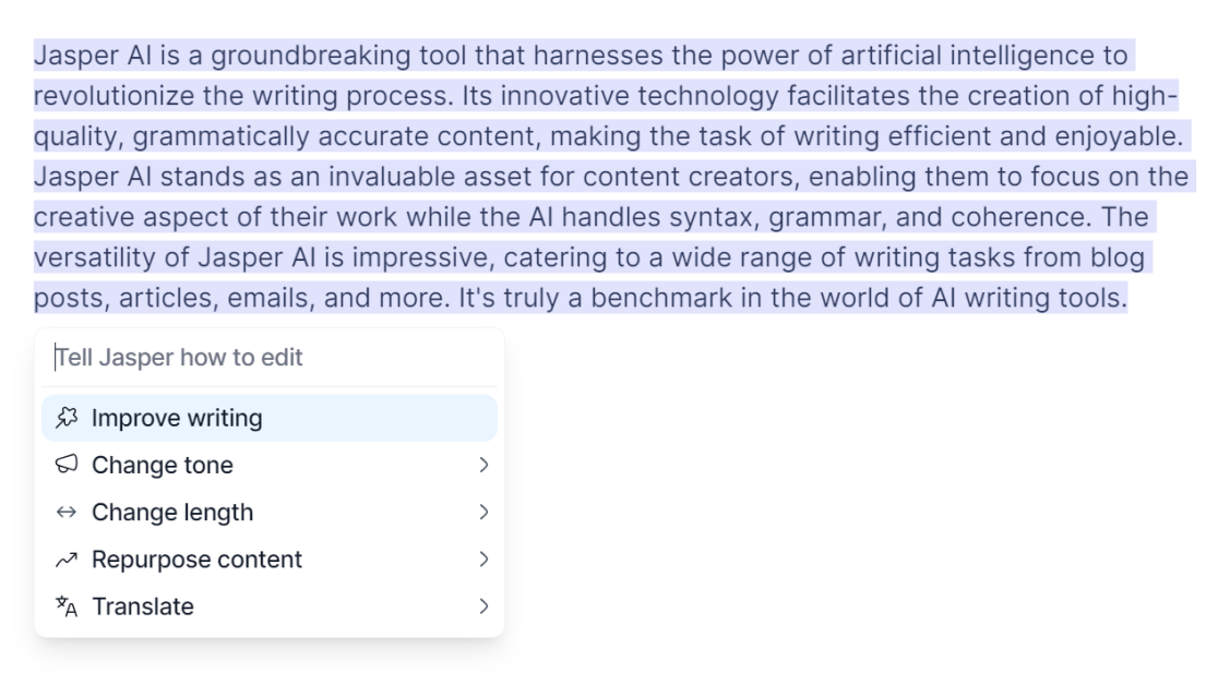 Jasper options when highlighting.