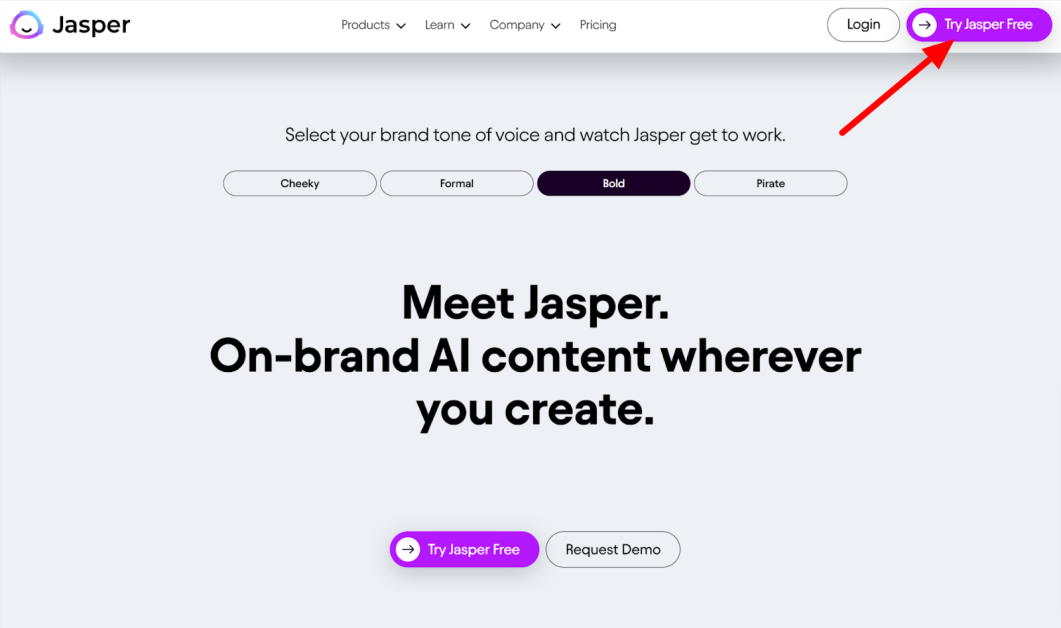 Jasper homepage free trial button.