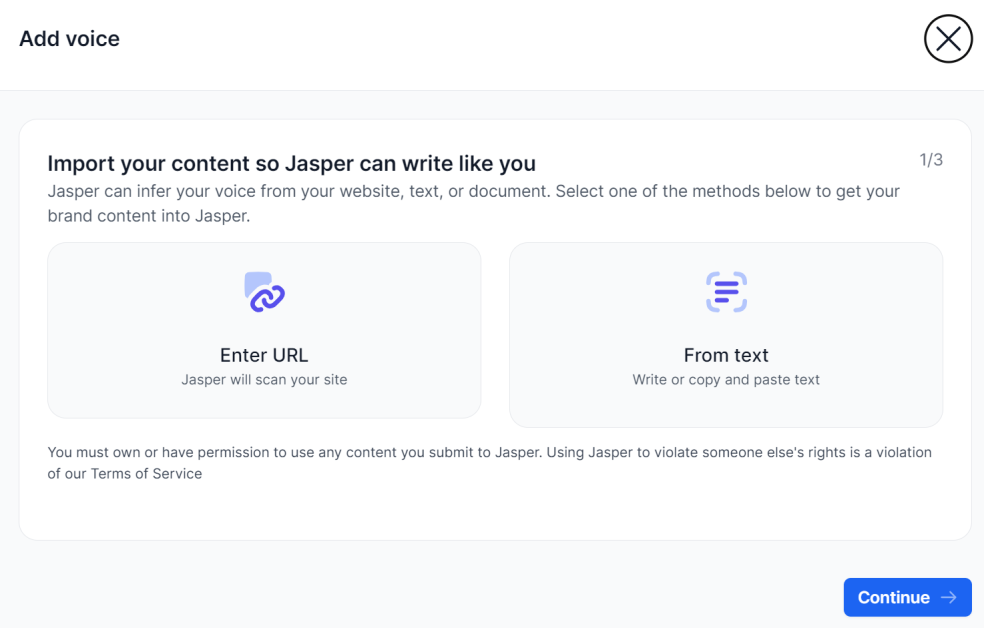 Importing content from URL or as text for Jasper to create a brand voice.