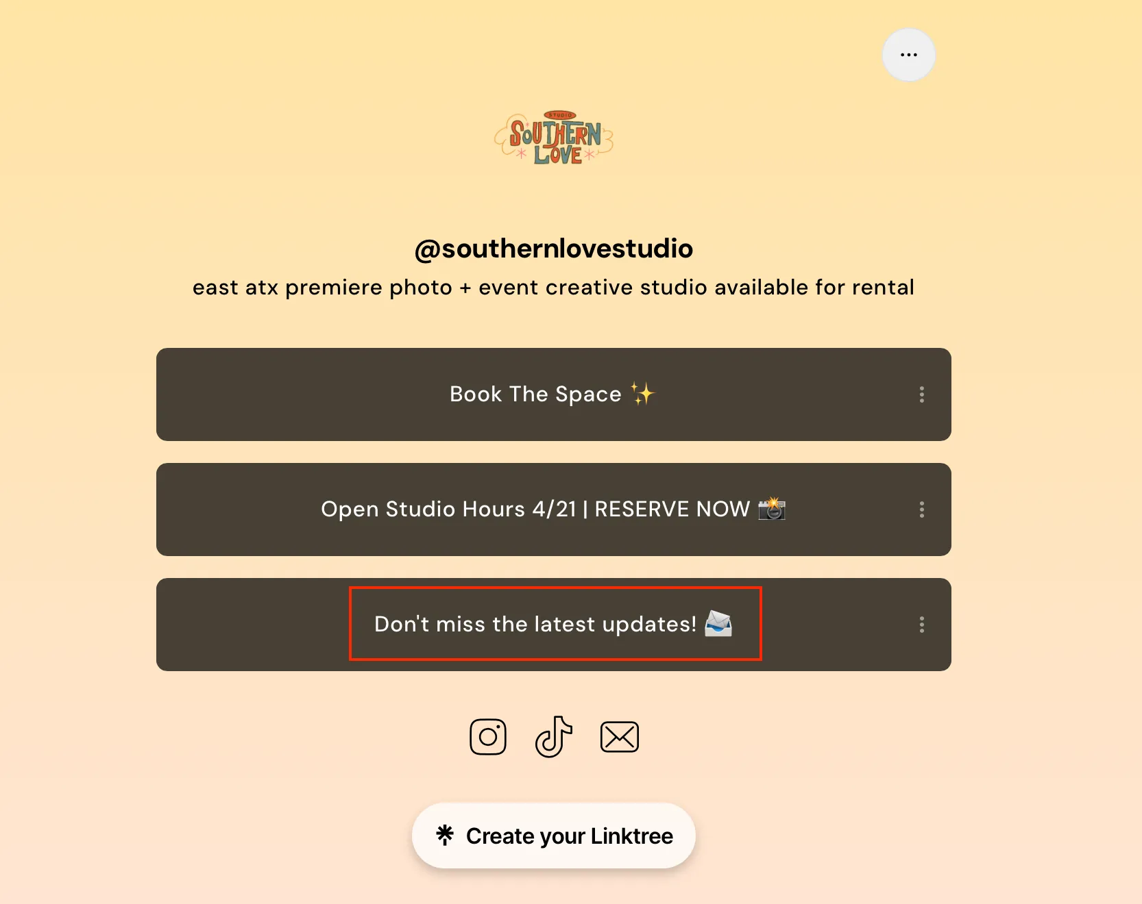 Southern Love Studio Linktree landing page with email sign up for growing email list with Instagram.