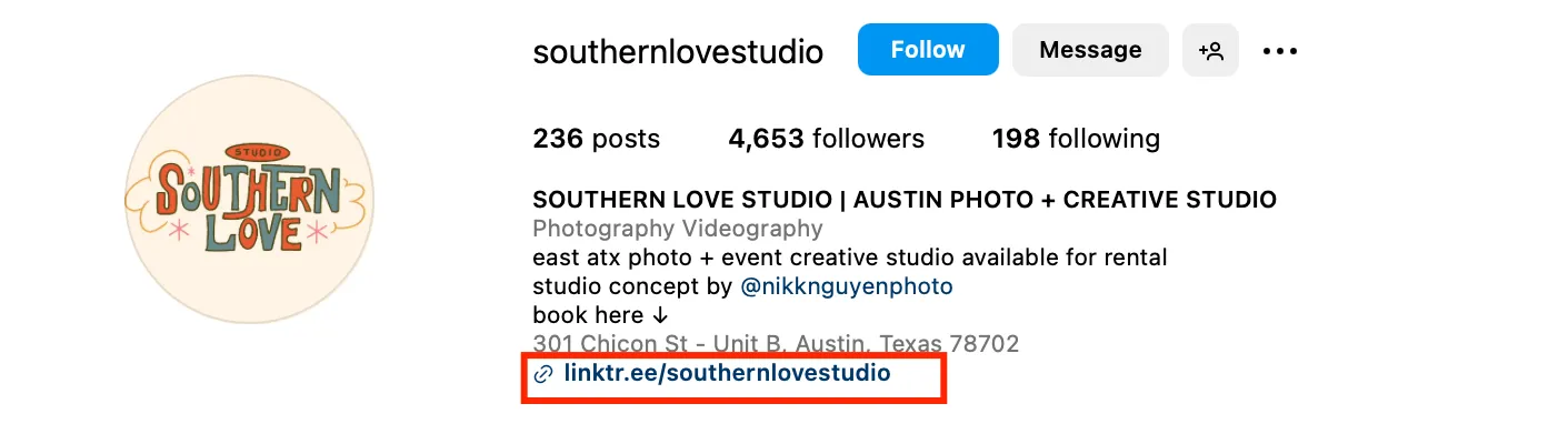 Southern Love Studio Instagram profile bio linking to landing page for growing email list with Instagram.