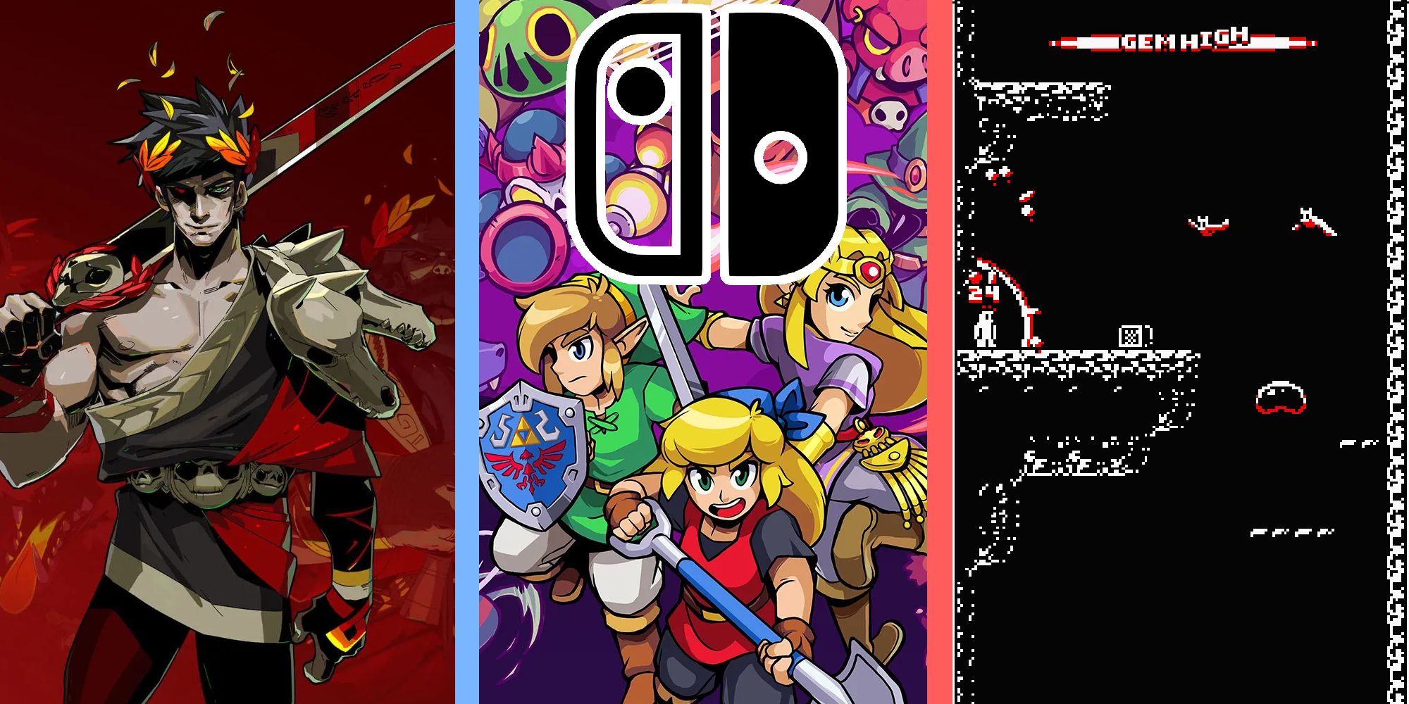 Thumbnail for the Best Roguelikes on Nintendo Switch article, featuring Hades, Cadence of Hyrule, and Downwell.