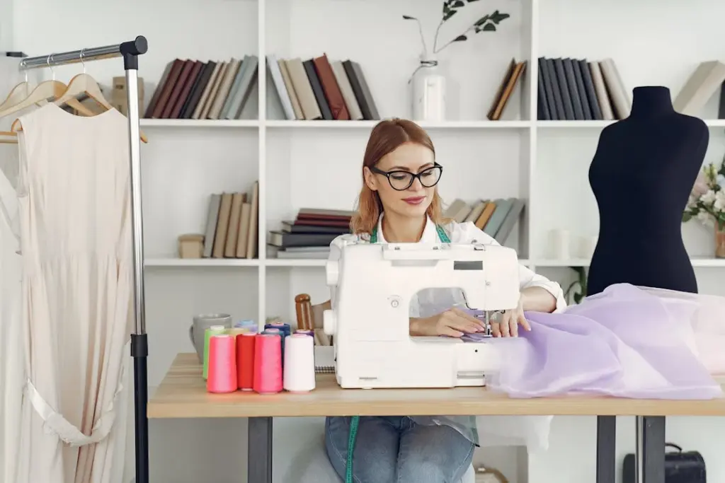 A woman is using a sewing machine at a worktable, surrounded by colorful spools of thread. A dress form and hanging clothes are in the background, with shelves filled with books.