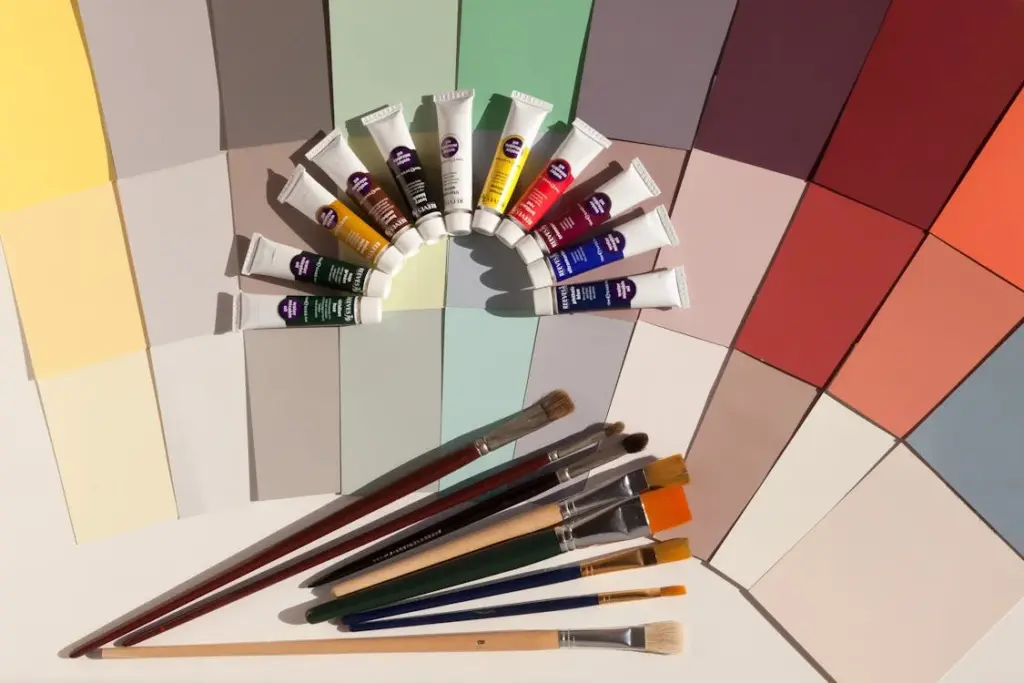 A set of paintbrushes and tubes of paint arranged in a semicircle on a table, accompanied by a fan of color swatches.