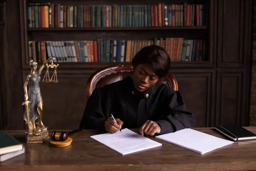 A person in judicial robes sits at a desk, writing on a document, with law books on shelves and a statuette of Lady Justice nearby.