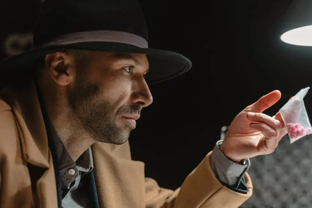 A man in a tan coat and black hat holds a small clear bag with pink pills, illuminated by a light above.