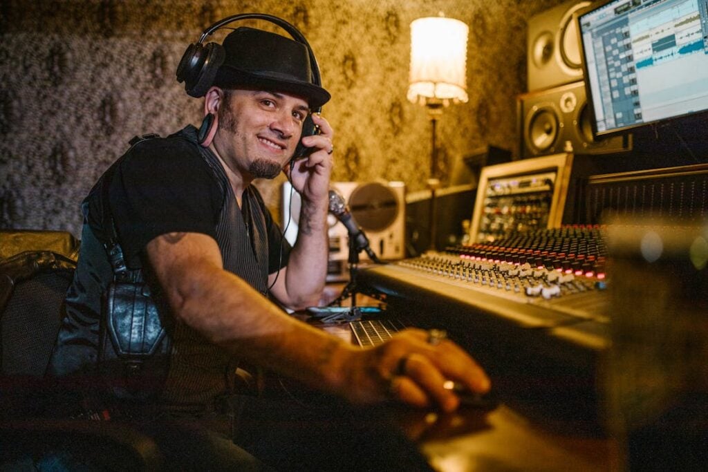 A man wearing a hat and headphones is sitting at a mixing console in a recording studio, smiling at the camera.