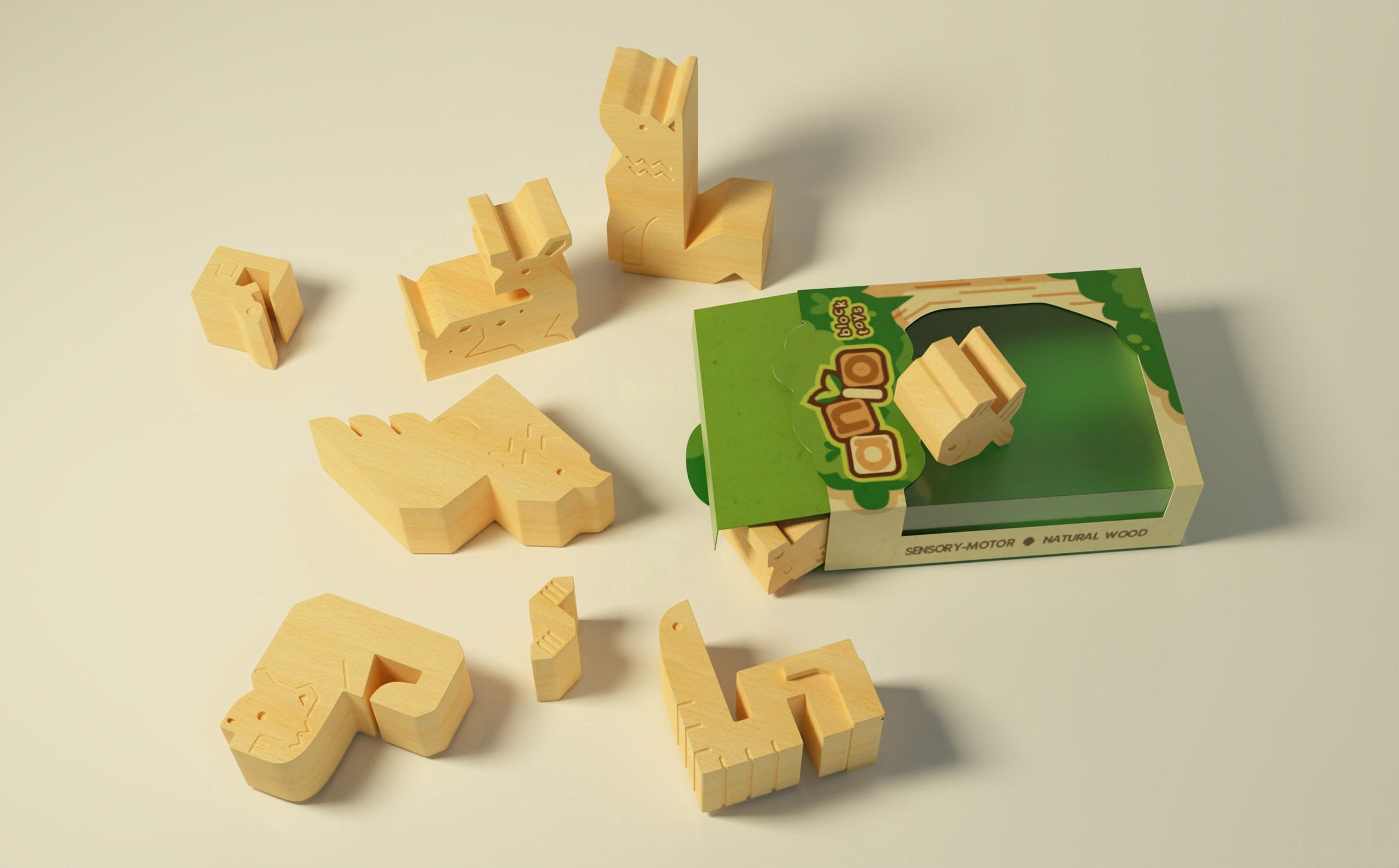 A photograph of a toy set of beige wooden animals, next to a green box.