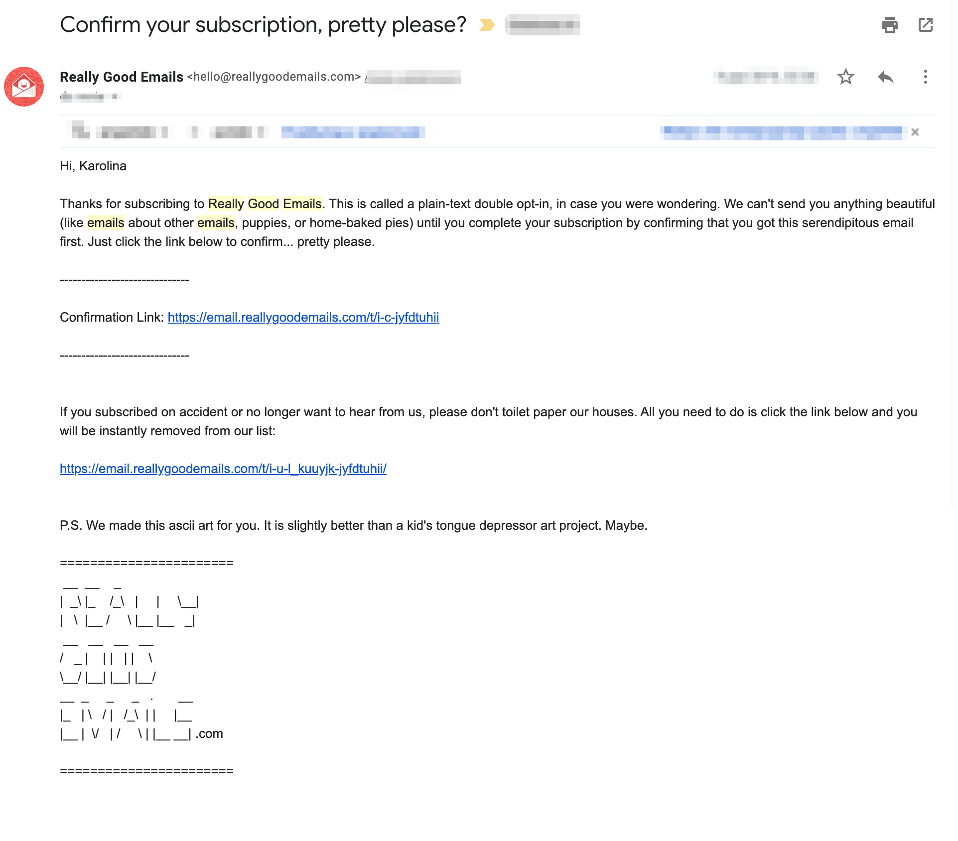 Really Good Emails newsletter subscription confirmation email.