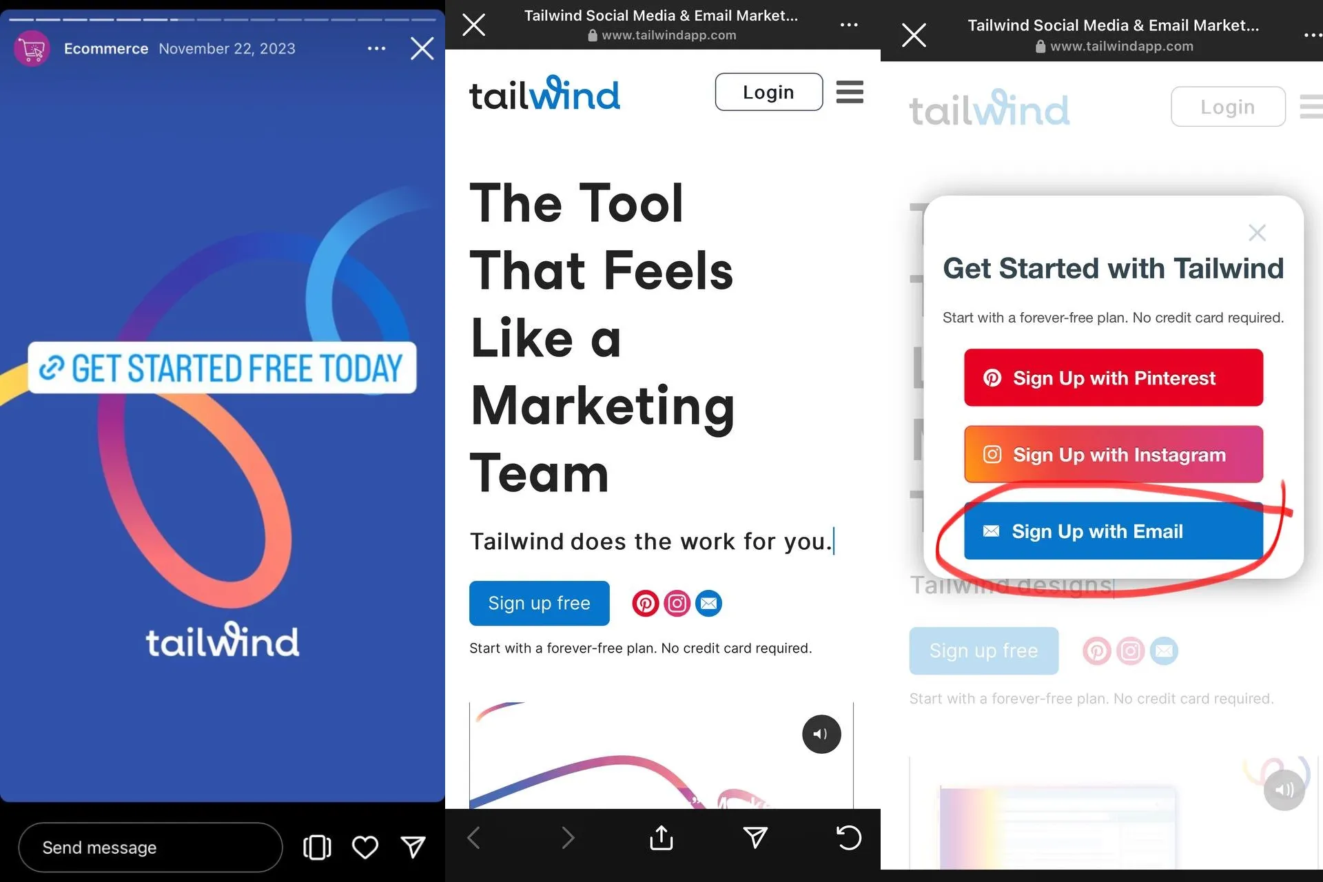 Tailwind Instagram story featuring email sign up option for growing email list with Instagram.