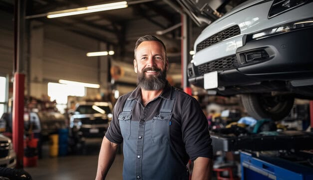 A mechanic with a beard and a smile stands in a garage next to a lifted car. He is wearing a black shirt and a gray apron.