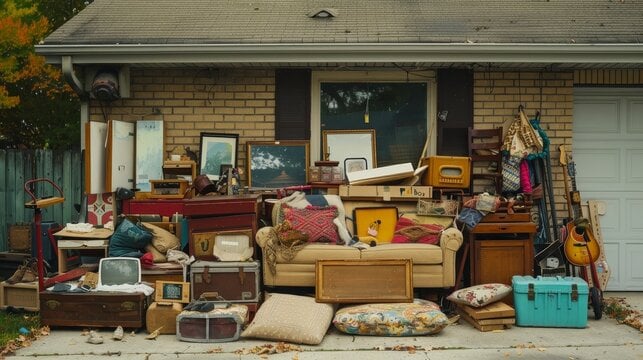 A cluttered assortment of furniture, boxes, and various household items stacked outside a garage.