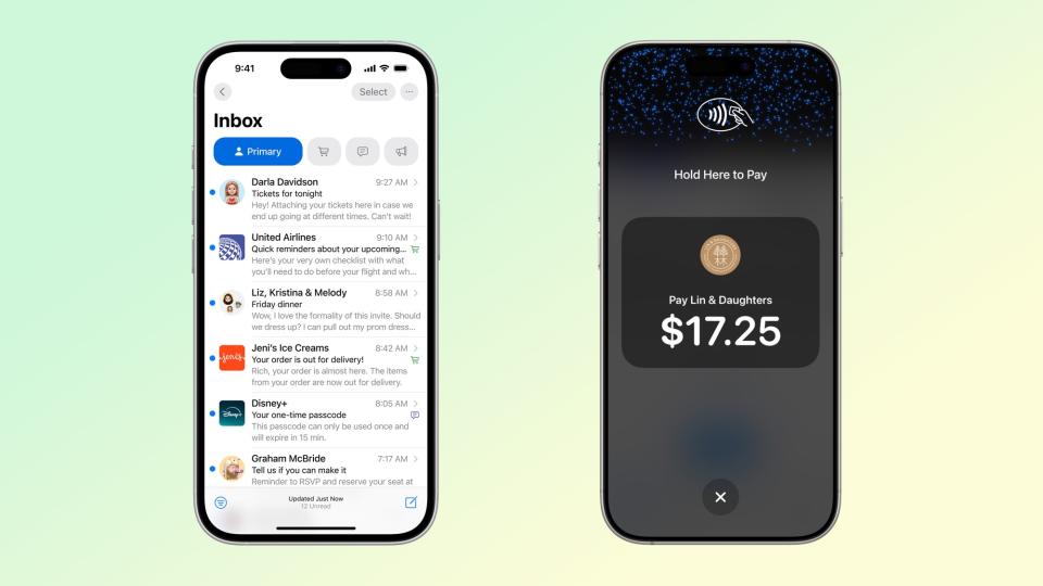 Apple Mail inbox with branded emails and tap to pay screen with company logos