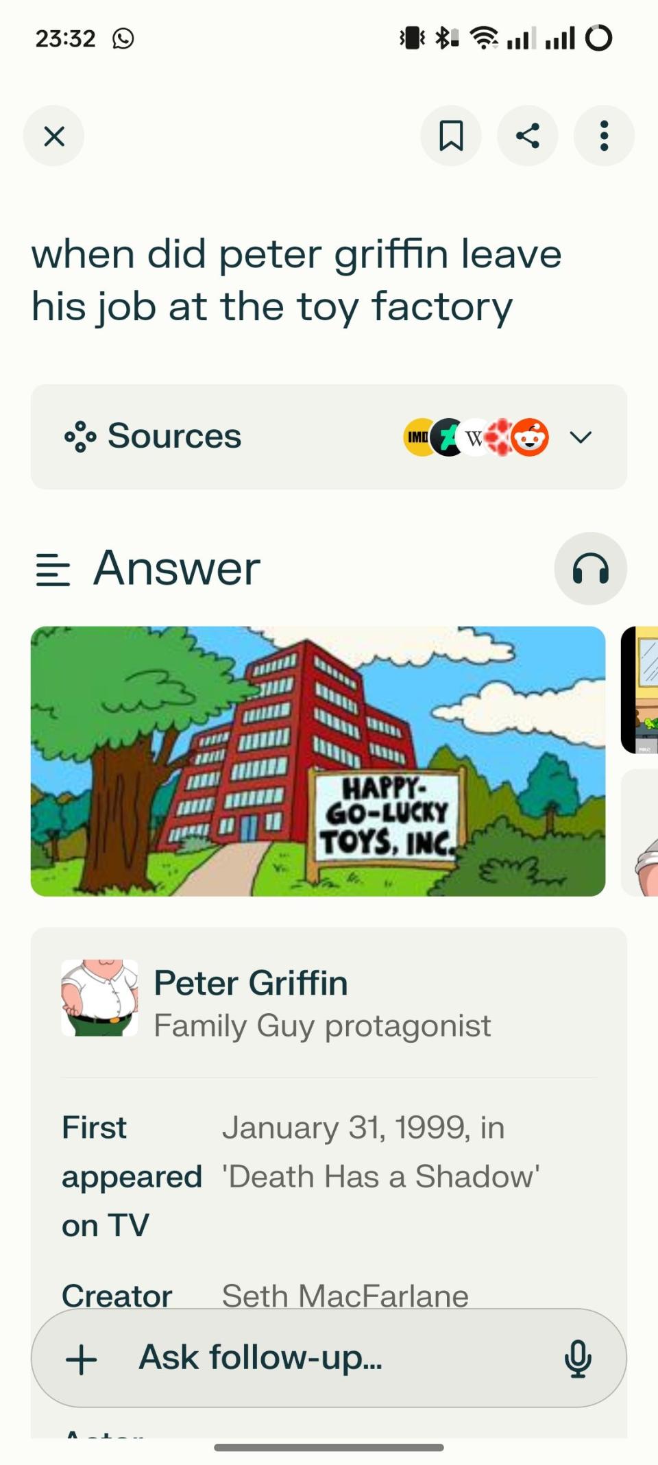 A screenshot of the Perplexity app on Android with a search query